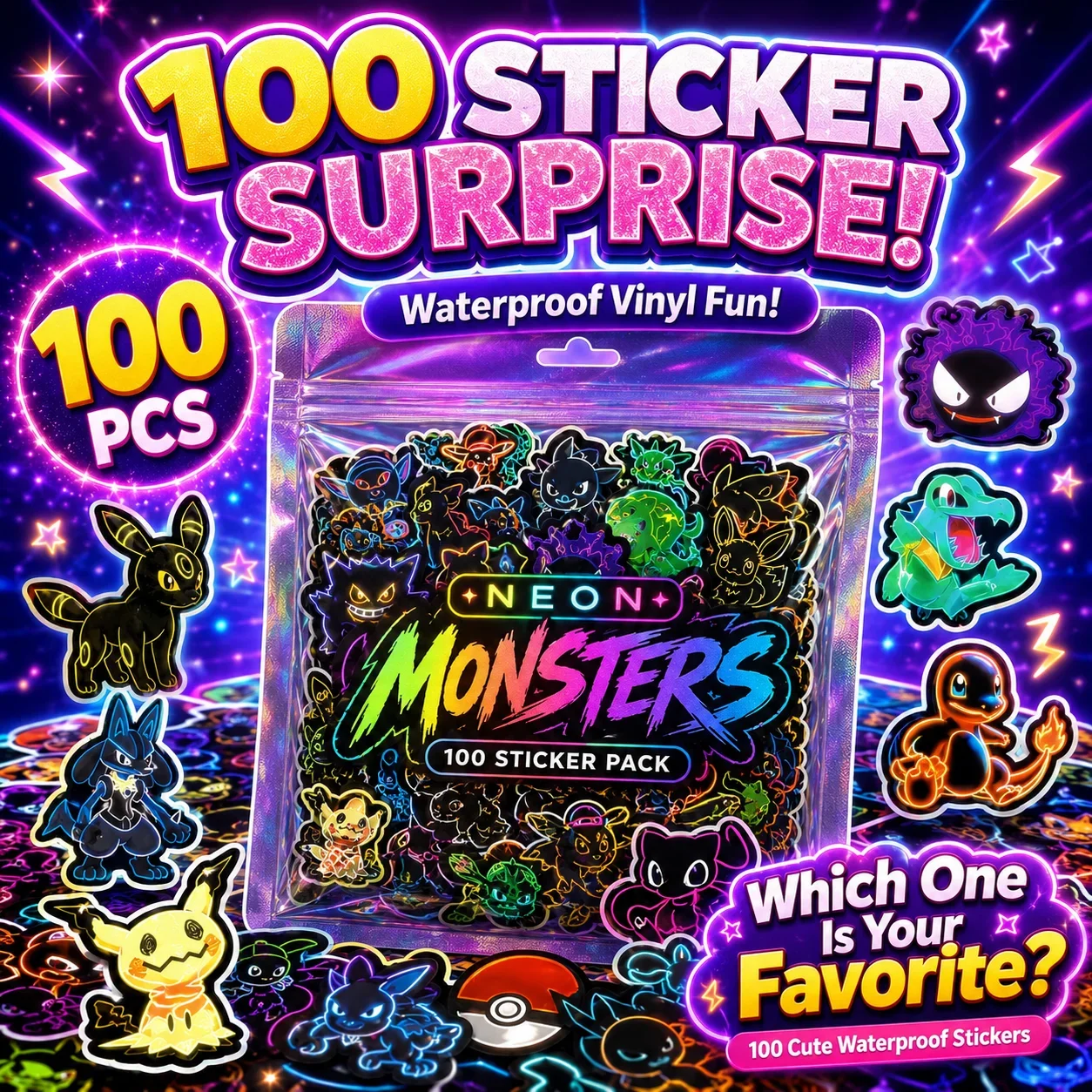 100pcs Neon  Pokémon  Stickers - огляд і ціна Scrapbooking